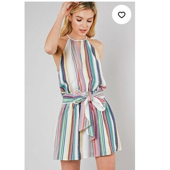 DO + BE Rainbow Striped Sleeveless Halter Tie Waist Mini Dress Size Medium - Picture 1 of 12